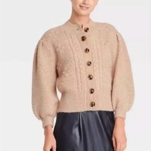 Tan Cardigan Sweater with Puffy Sleeves and Cropped Length